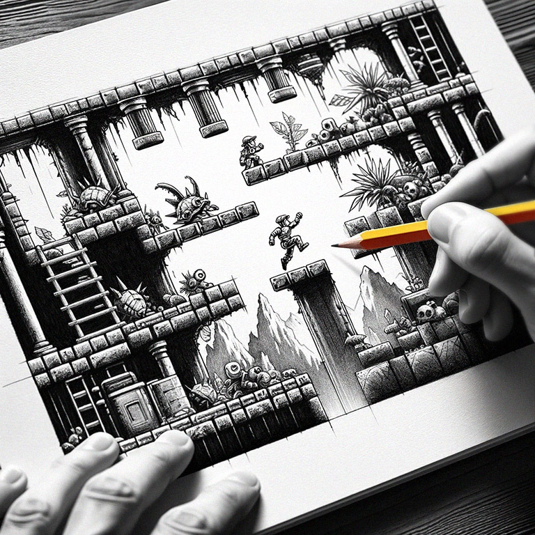 Artist hand-drawing a 2d side-scrolling platform game